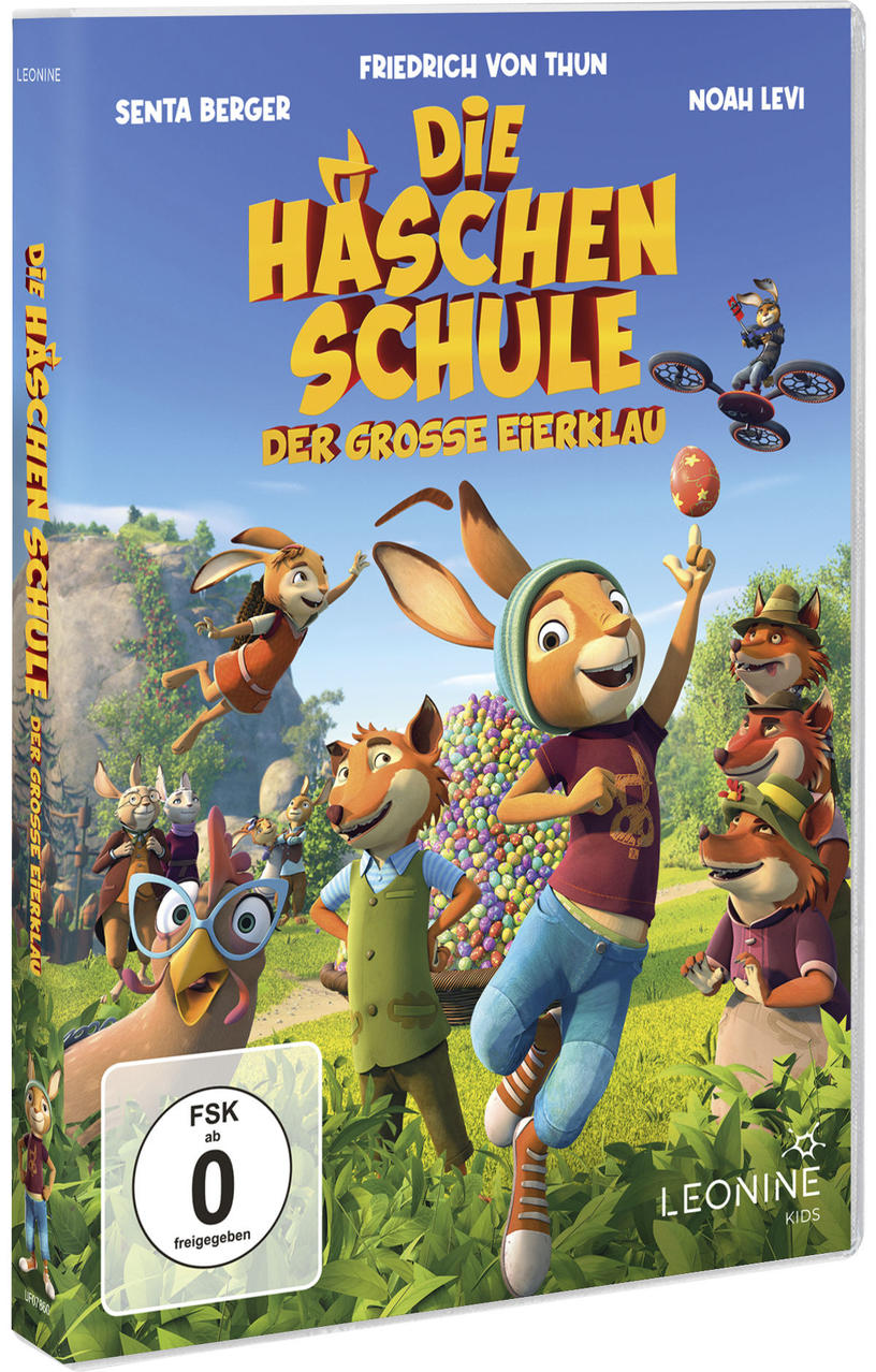 DVD-Cover für den Film 'Die Häschenschule - Der Grosse Eierklau' mit Zeichentrickhasen und Füchsen.