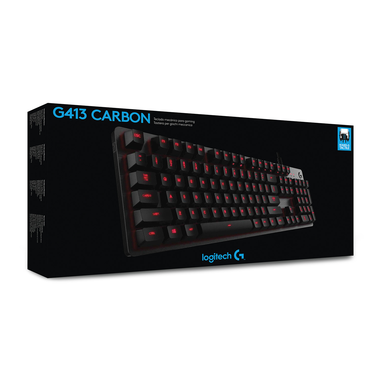 Teclado para juegos G413 Carbon en una caja.
