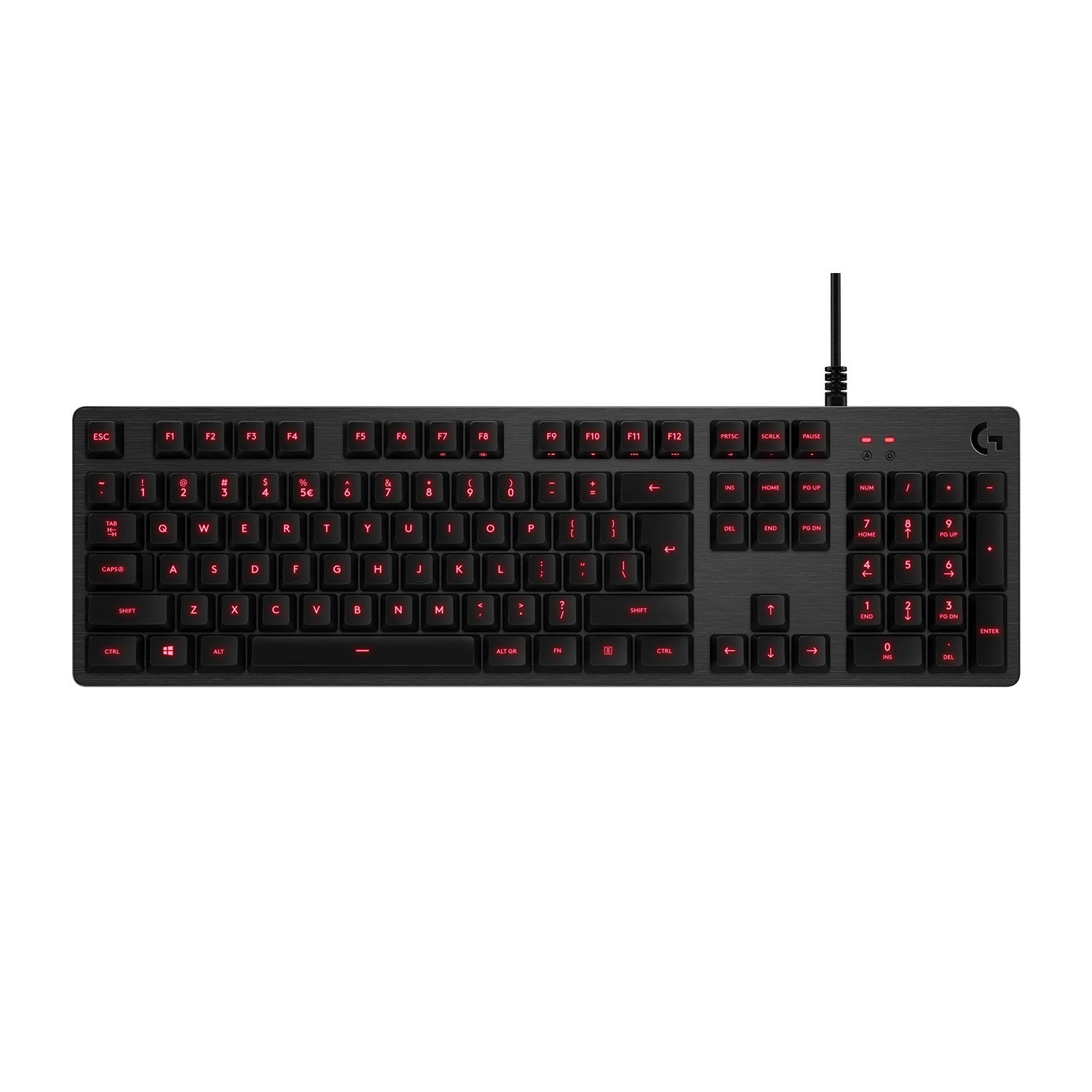 Un teclado para juegos negro con teclas retroiluminadas en rojo. Las teclas son visibles con el logotipo.