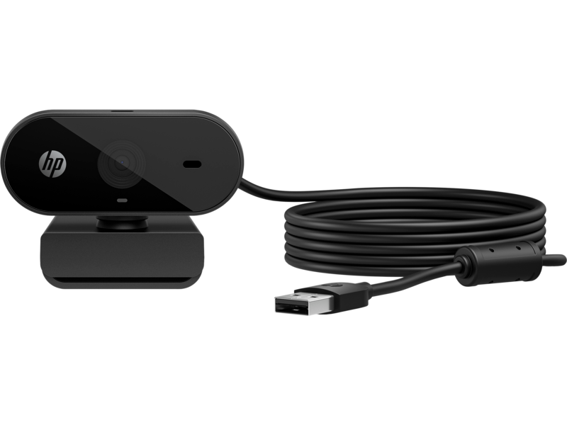 Siyah HP web kamerası, bağlı USB kablosu.