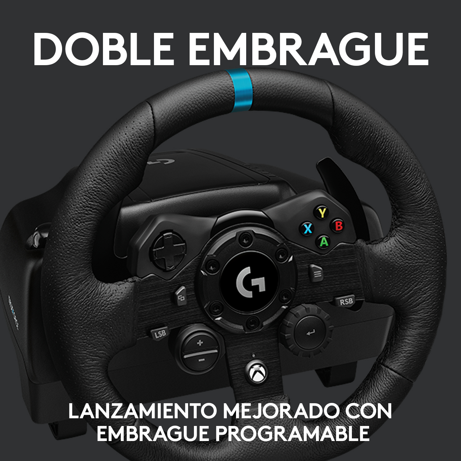 Volante negro con botones y una franja azul.