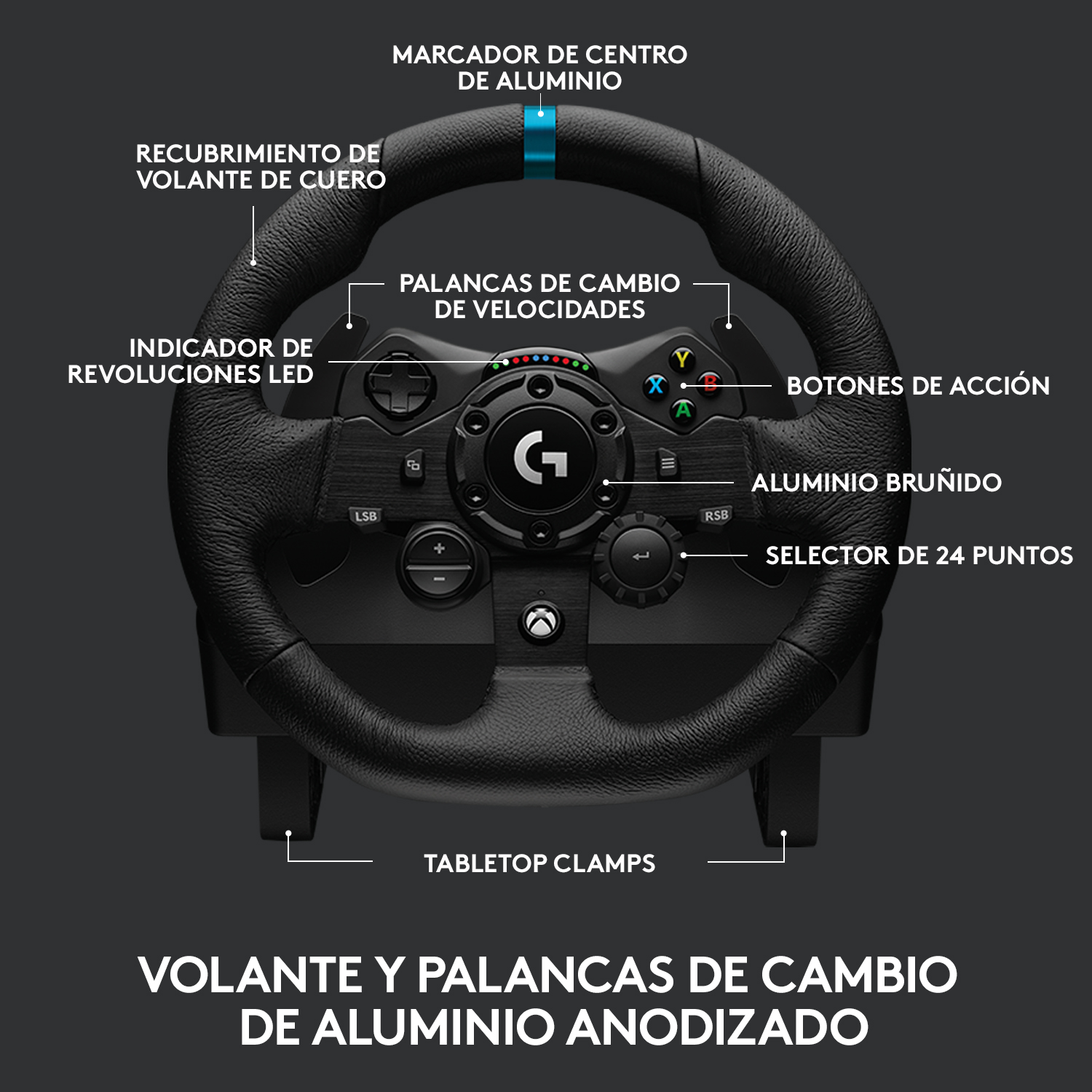 Un volante de juego negro con botones y un logotipo. Tiene etiquetas en español.