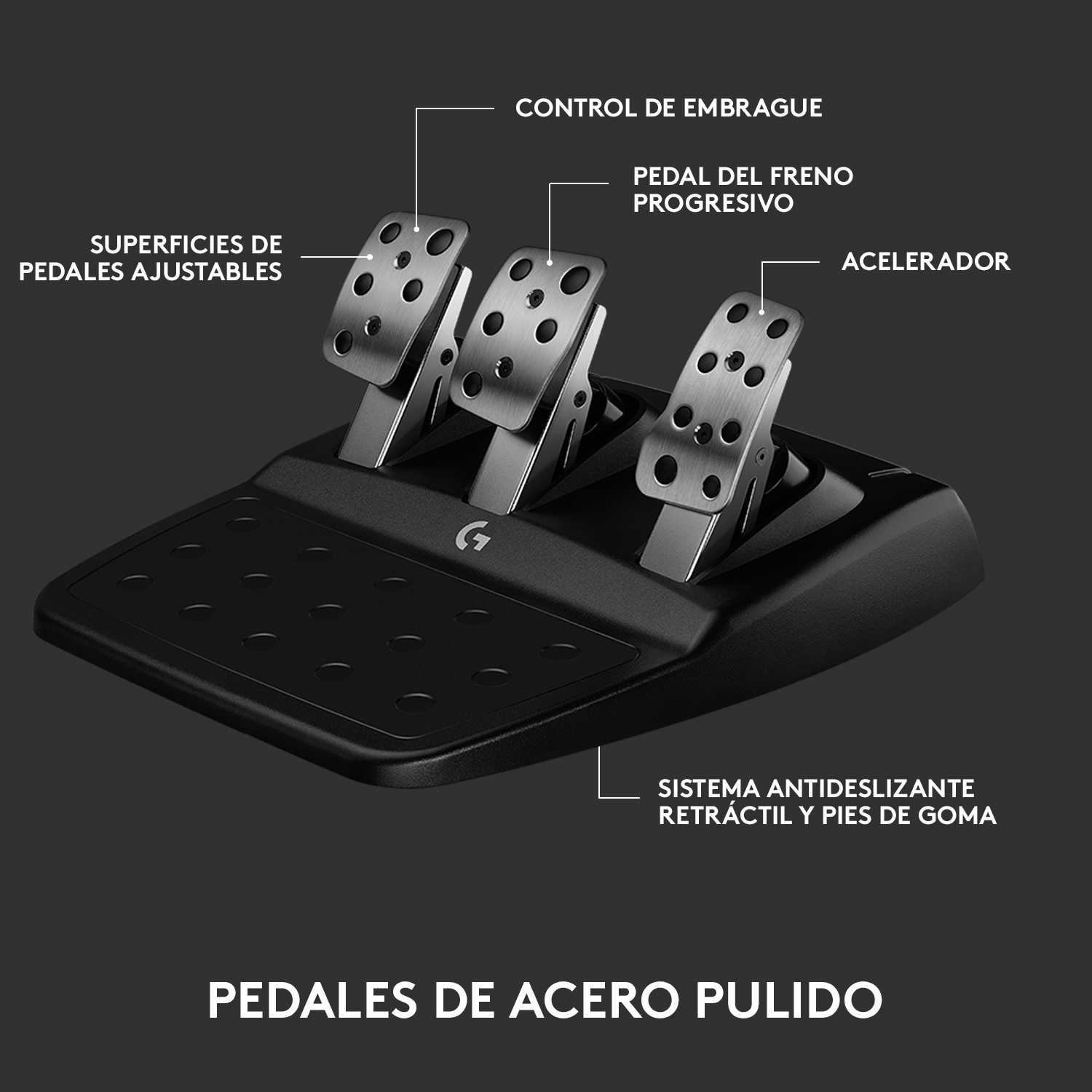 Primer plano de pedales de carreras sobre una base negra. Los pedales son de acero y hay texto que los describe.