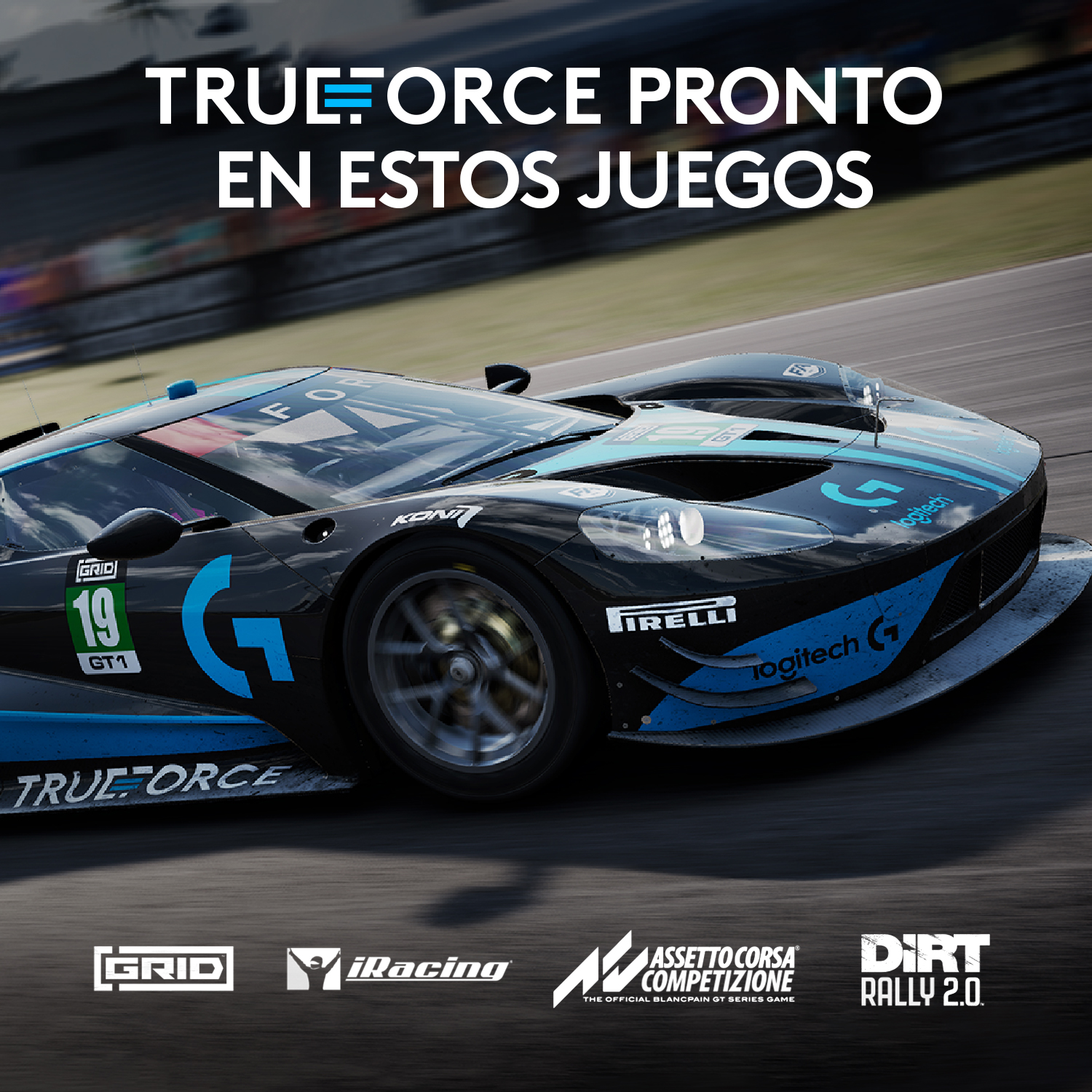 Un coche de carreras negro y azul a gran velocidad en una pista. Los logotipos de juegos y marcas se muestran debajo.