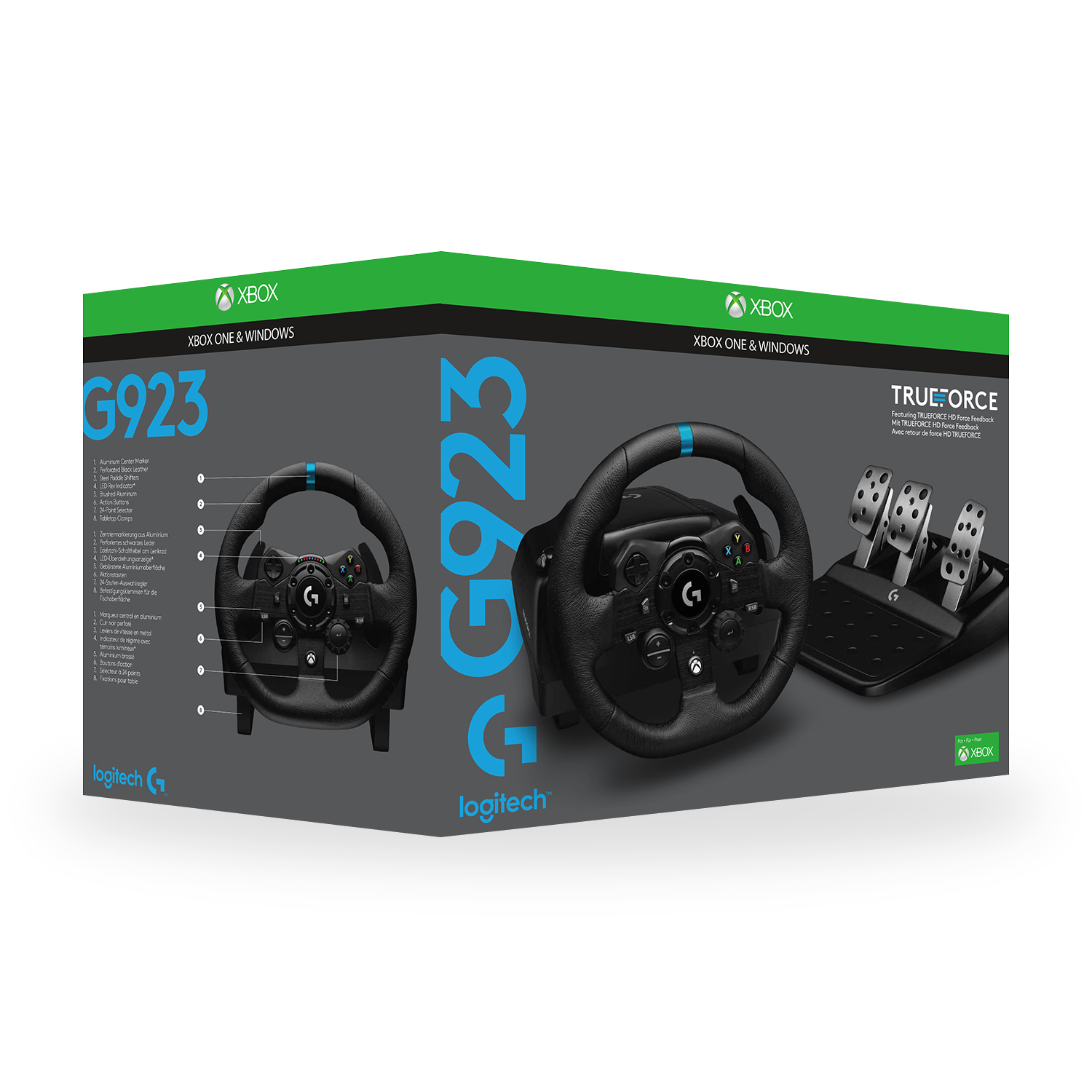 Volante y juego de pedales Xbox G923 en caja. Volante negro con detalles azules.