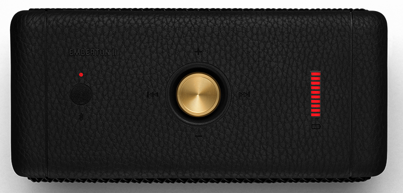 Black Marshall Emberton II speaker with controls and red power level display.