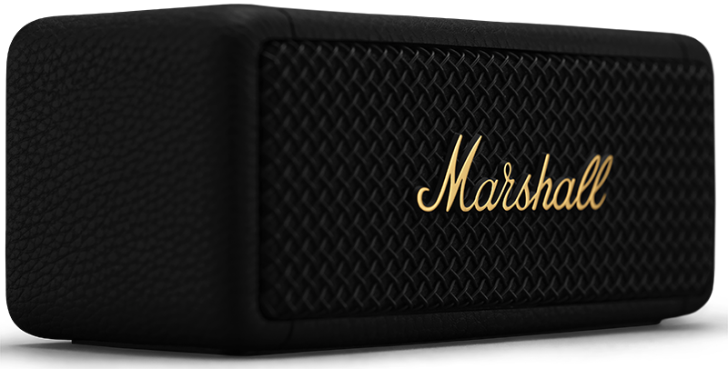 Close-up of a black Marshall speaker with gold Marshall text on the mesh.