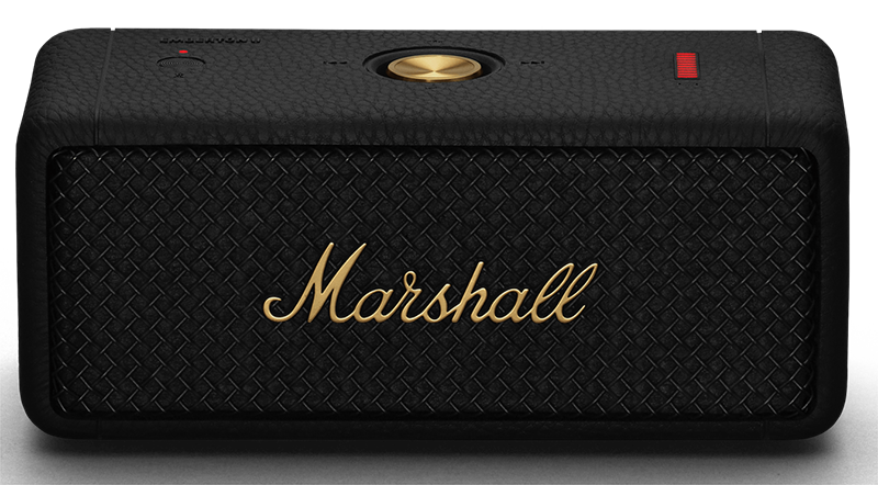 Black Marshall speaker with gold logo on the front, on a black background.