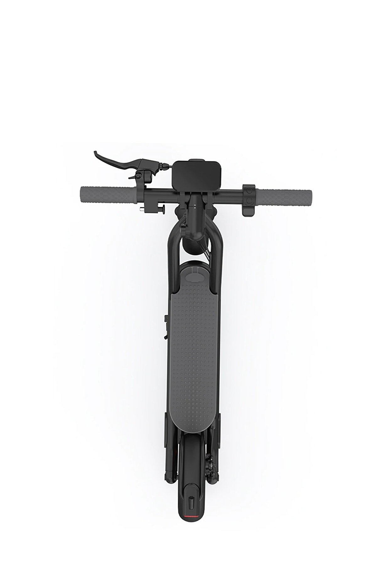 Beyaz zemin üzerinde gri bir elektrikli scooter'ın üstten görünümü, gidon ve güverte görünür.