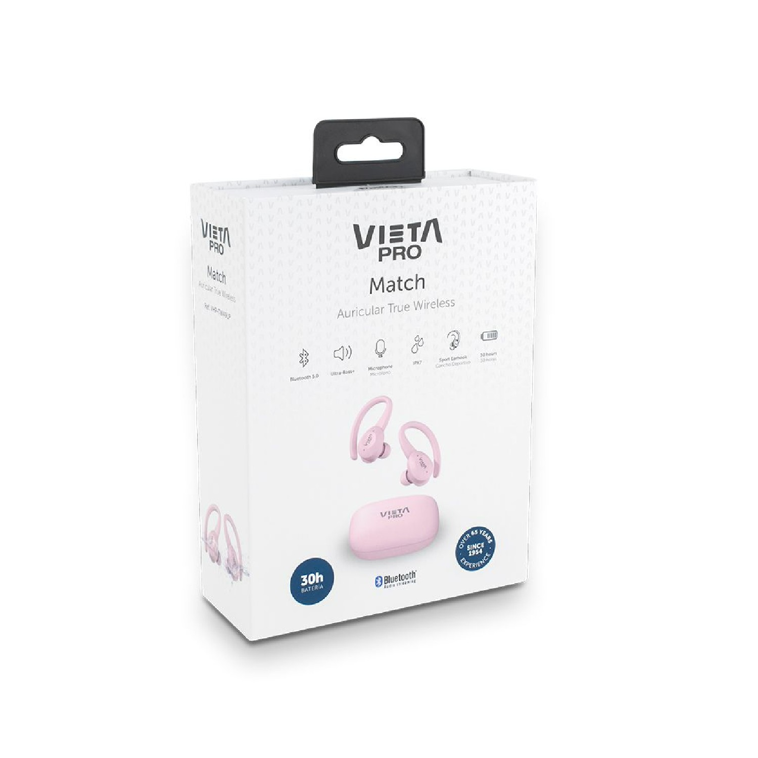 Auriculares inalámbricos rosas en una caja blanca con asa. Logotipo de Bluetooth visible.