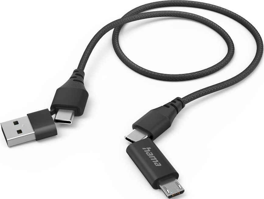 Cavo nero da USB a USB-C e da USB-C a micro USB per la ricarica e il trasferimento dati. Marchio Hama.