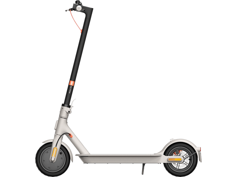 Scooter eléctrico blanco y gris con detalles negros, sobre fondo blanco.
