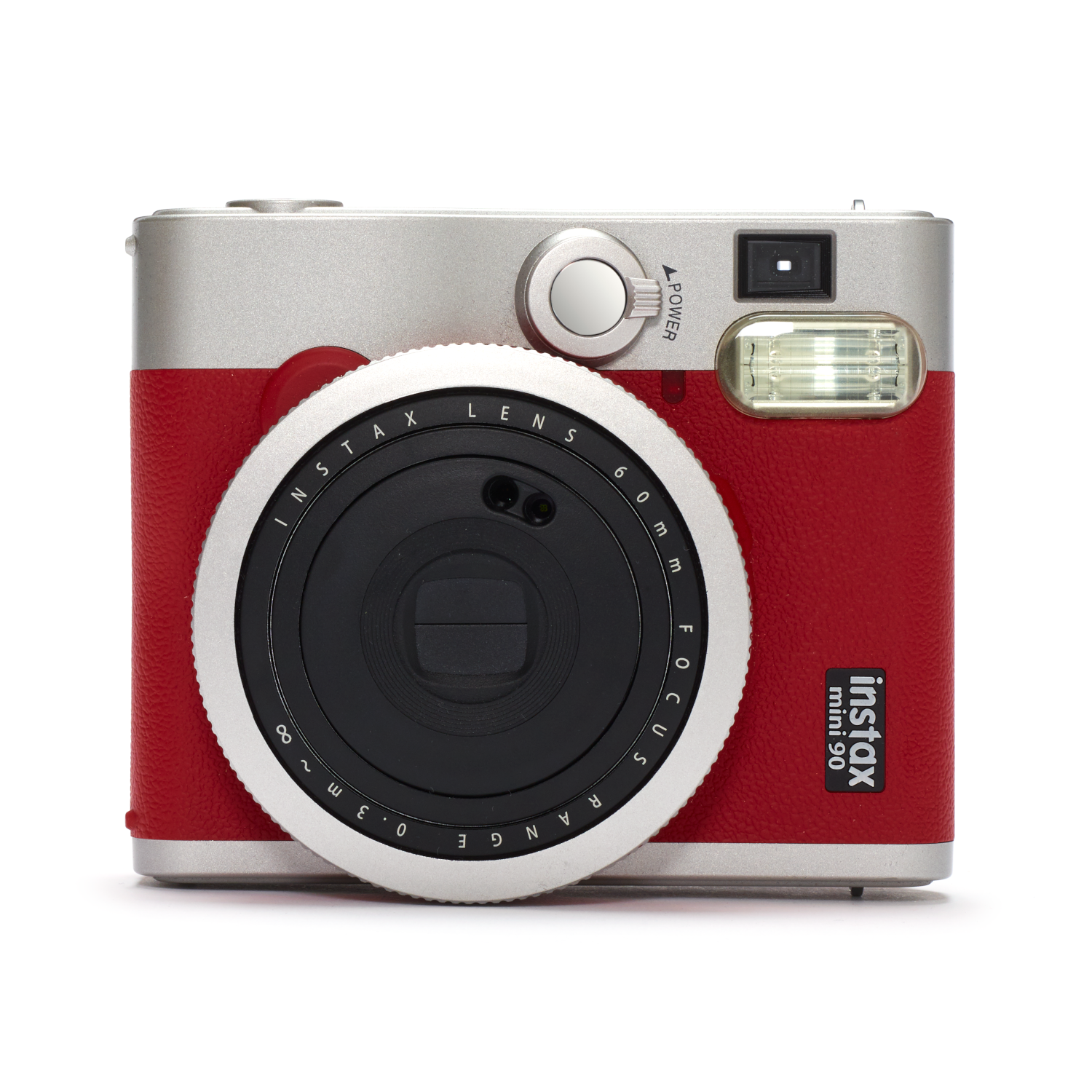 Red and silver Instax Mini 90 camera on white background. Black lens and flash visible.