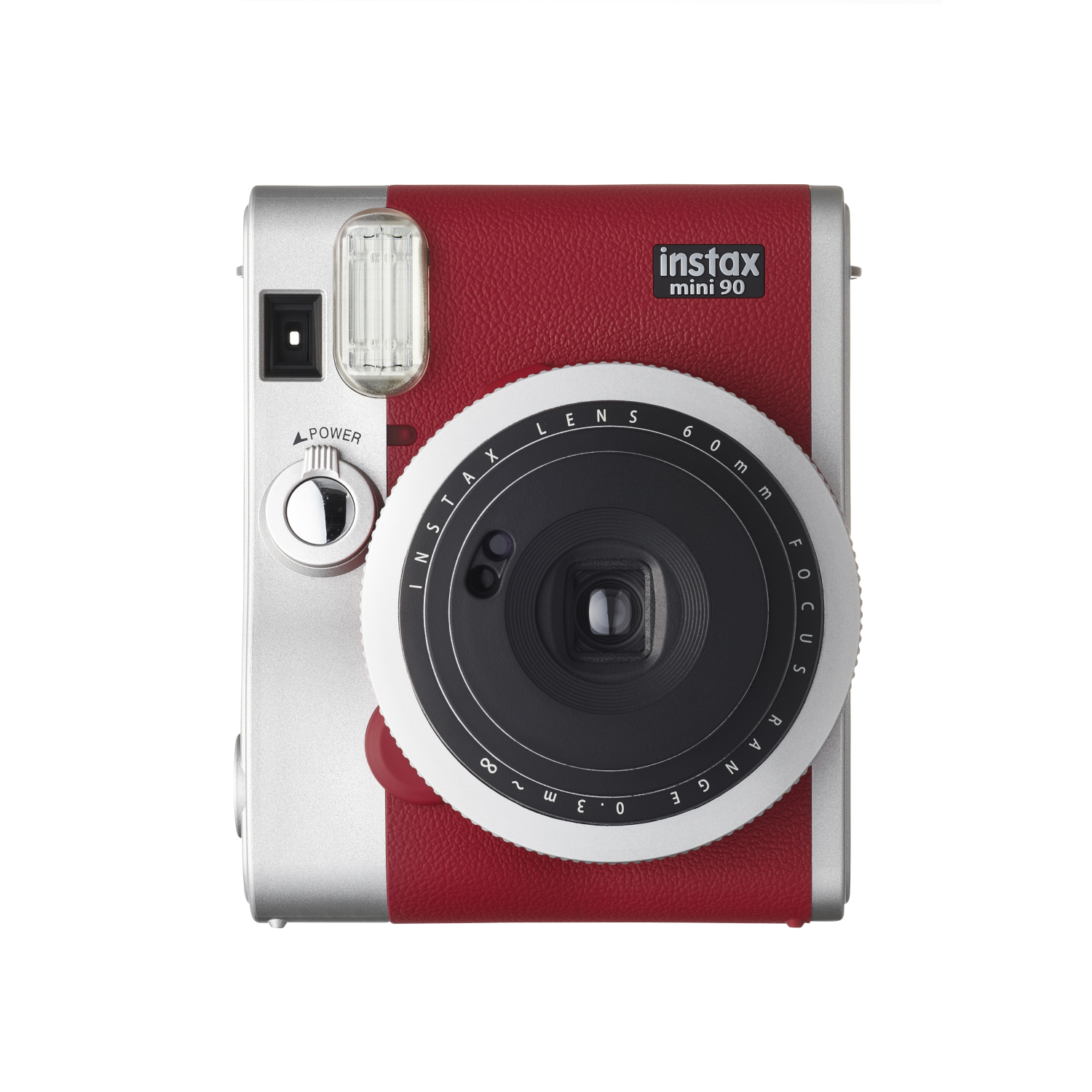 A red and silver Instax Mini 90 camera is isolated on a white background.