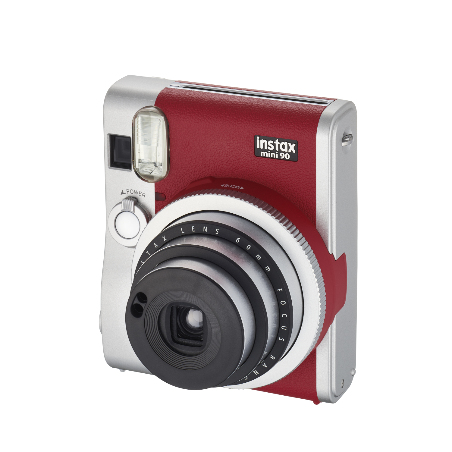 Red and silver Instax Mini 90 camera, lens, flash, buttons, and dials.