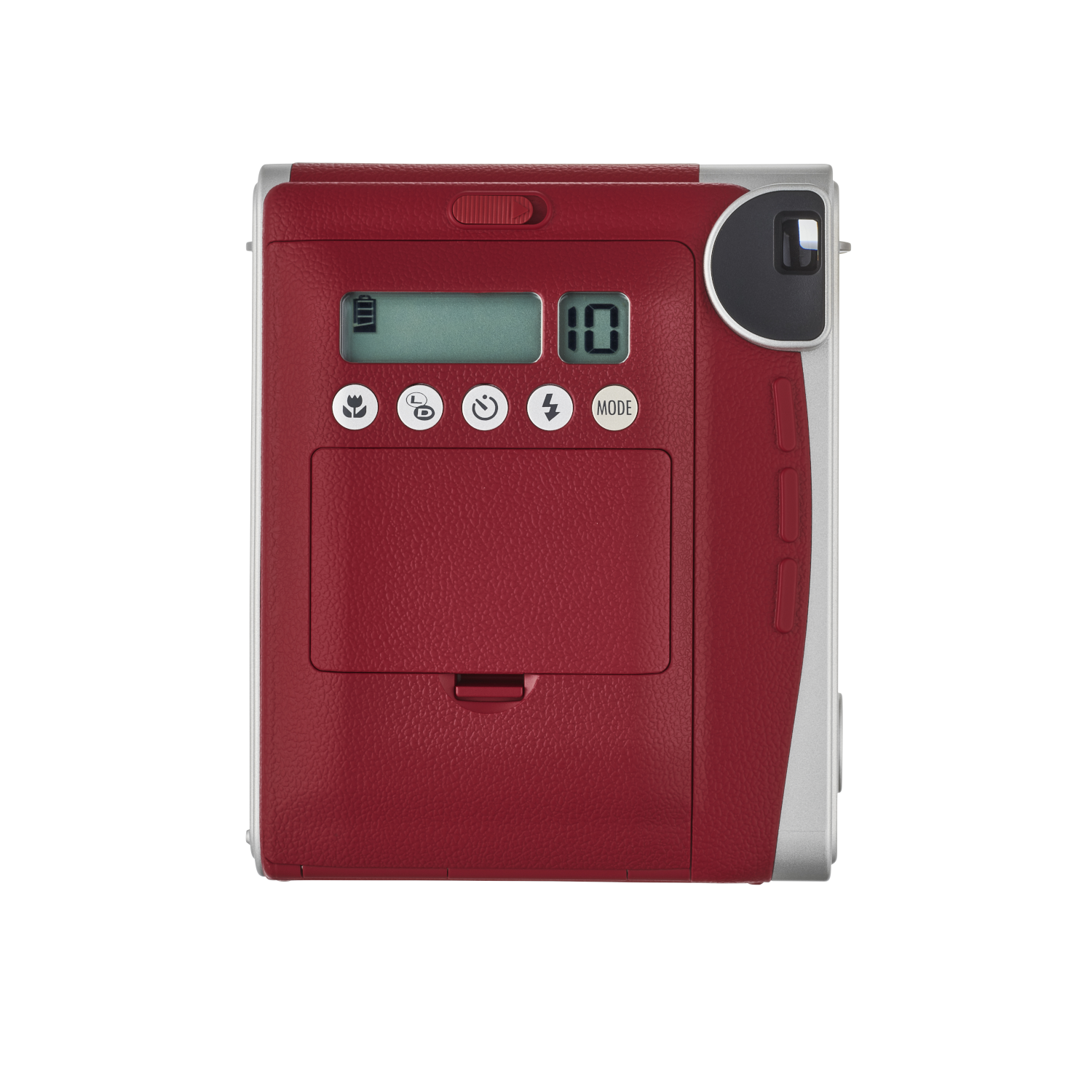 Red instant camera with a digital display and various buttons.