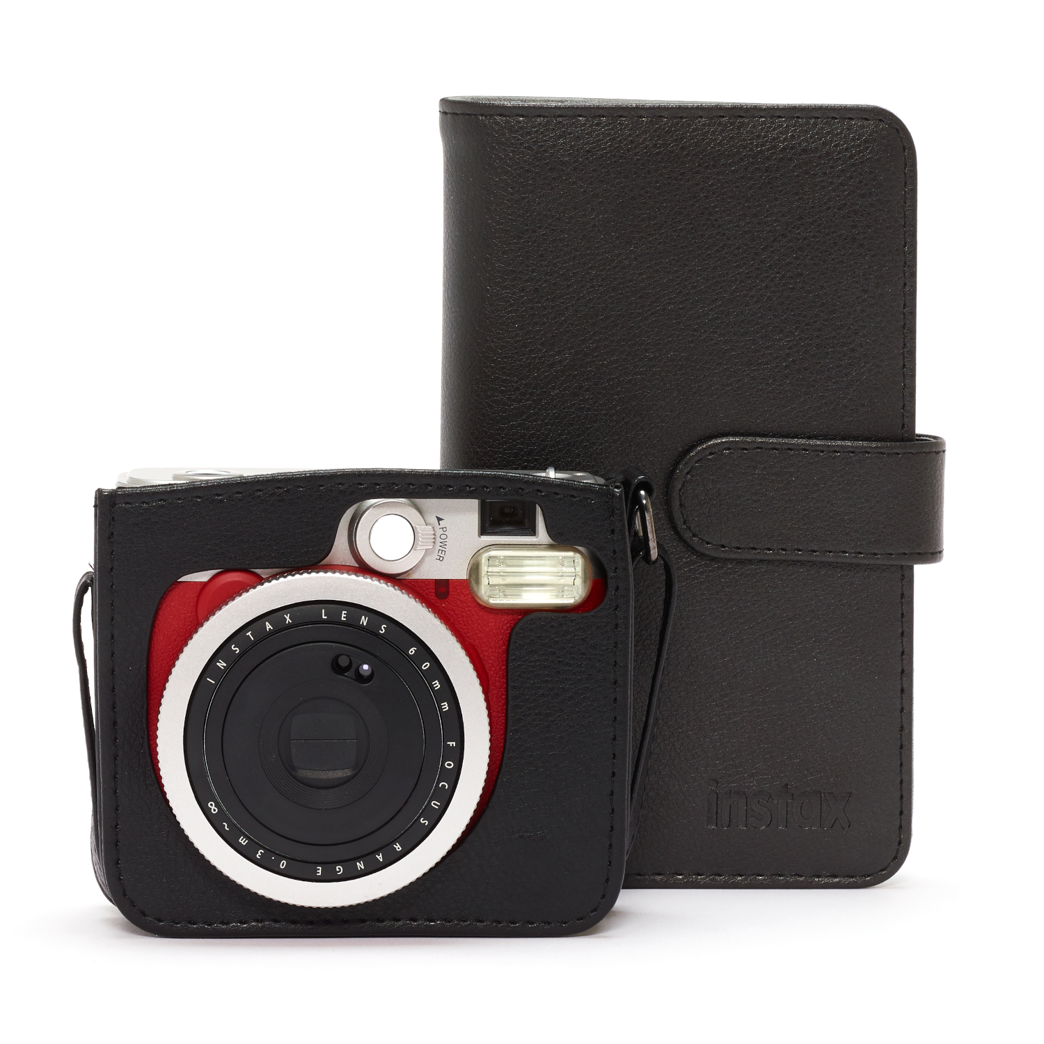 A red and black instant camera in a black leather case, with a black case beside it.