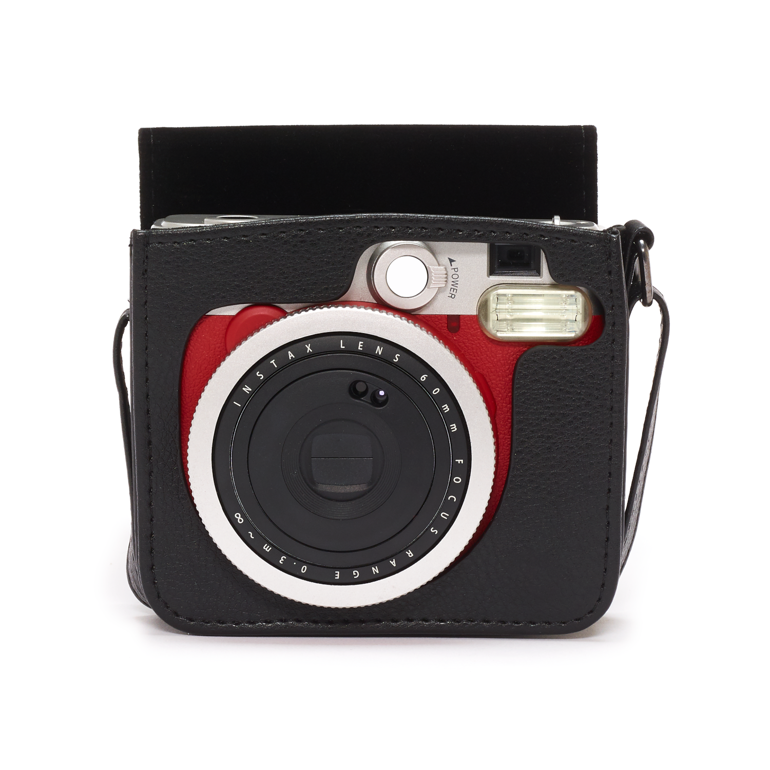 Red Instax camera in a black case. Camera lens and buttons are visible. Background is white.