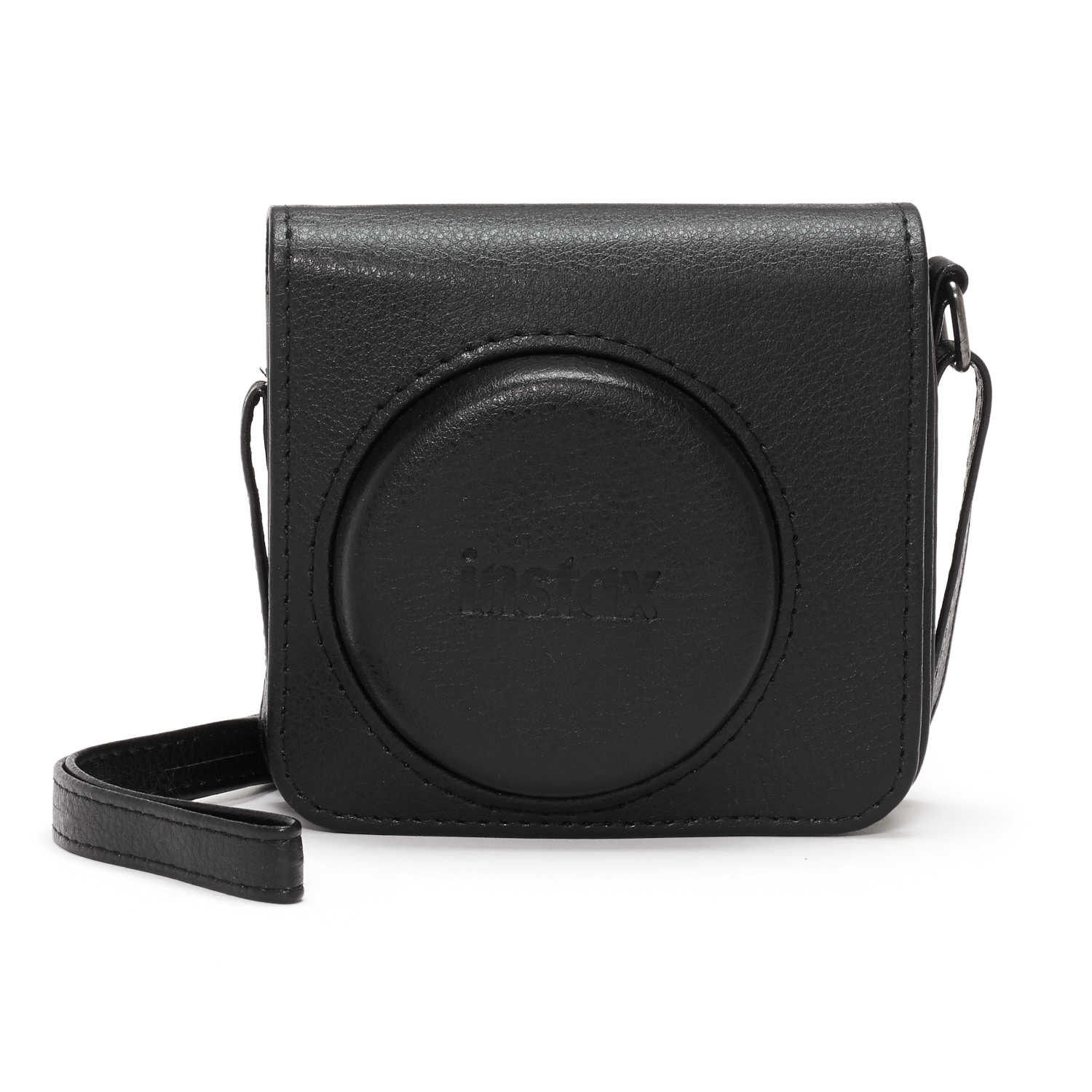 A black Instax camera case with a strap, on a white background.