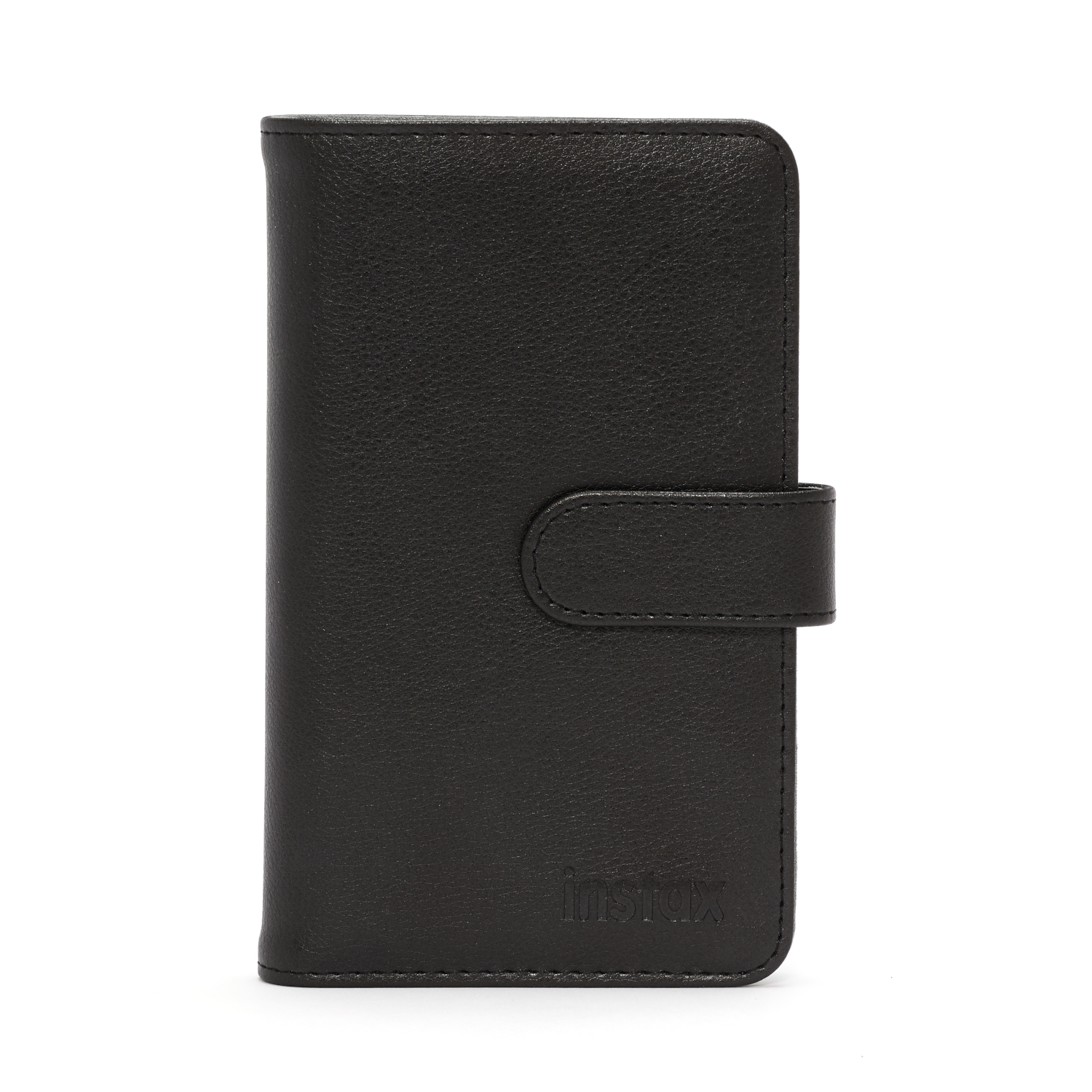 Black leather Instax wallet case with a snap closure, isolated on white background.