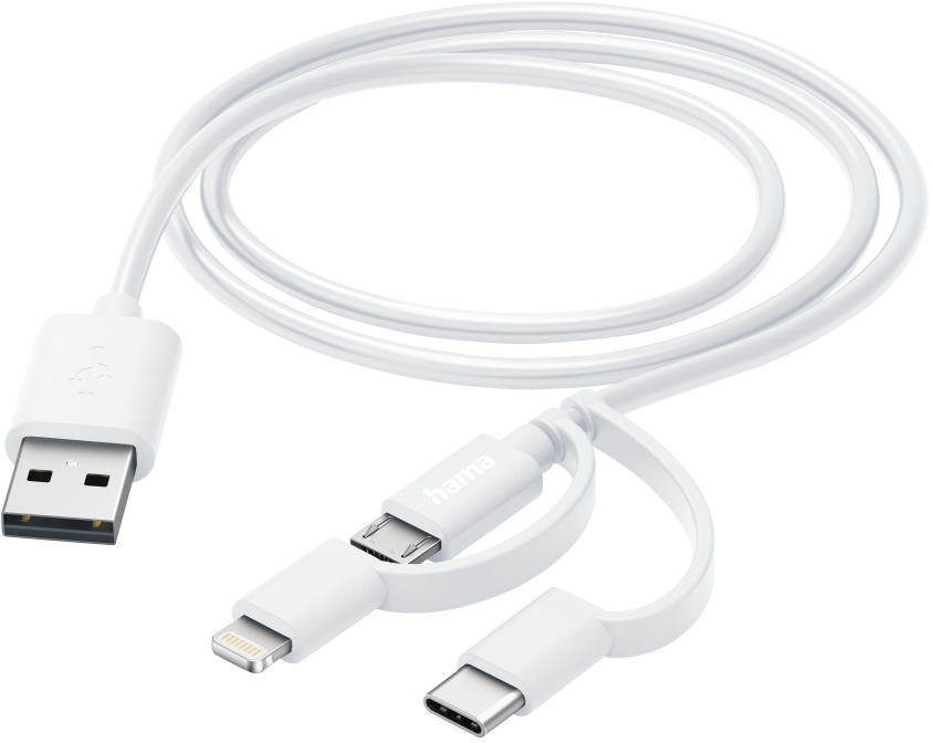 Un câble USB blanc avec trois connecteurs différents.