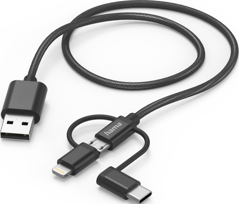 Câble multi-USB Hama noir avec connecteur USB-A, Lightning et USB-C.