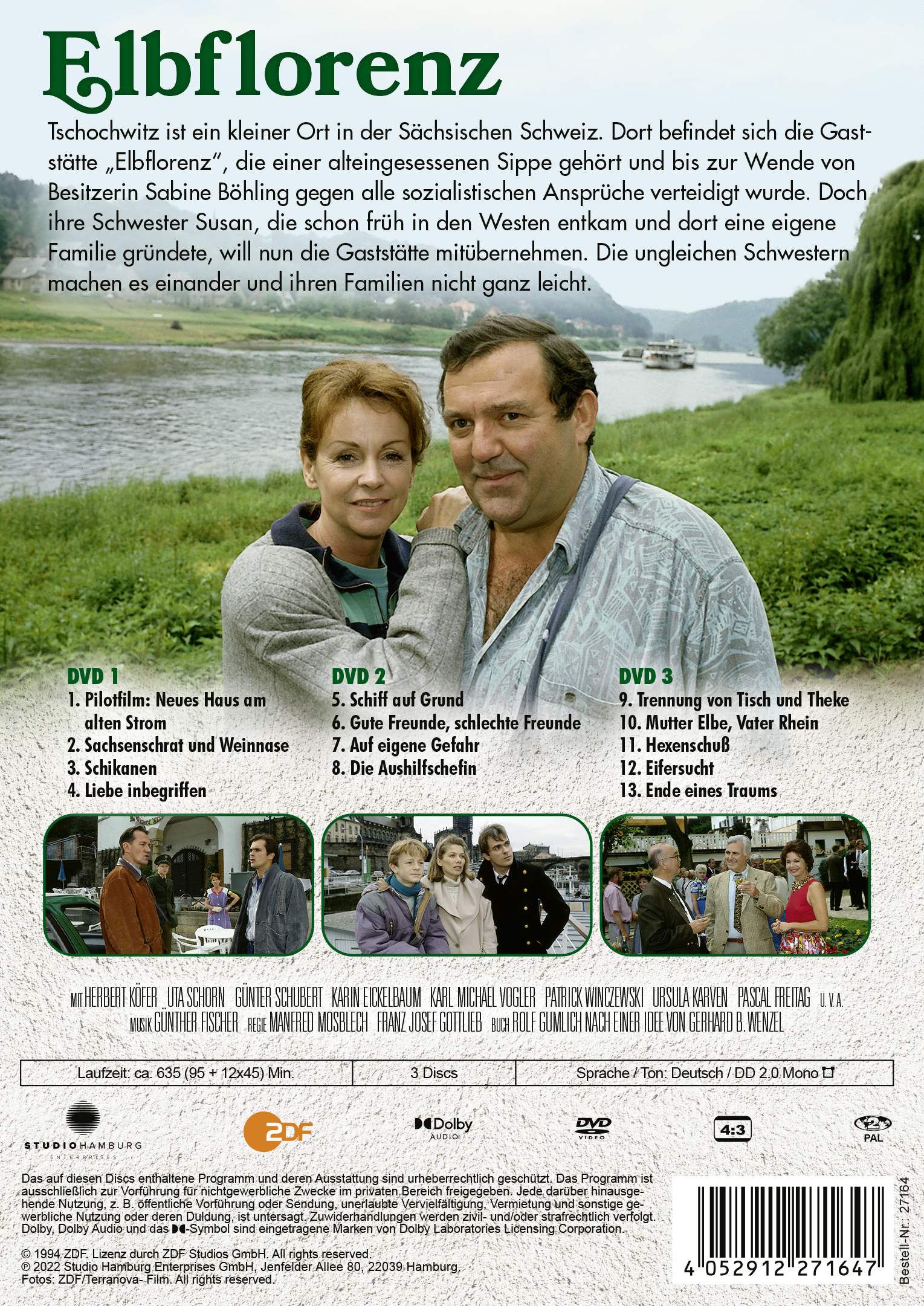 Rückseite einer DVD-Hülle mit Schauspielern und dem Filmtitel 'Elbflorenz'.