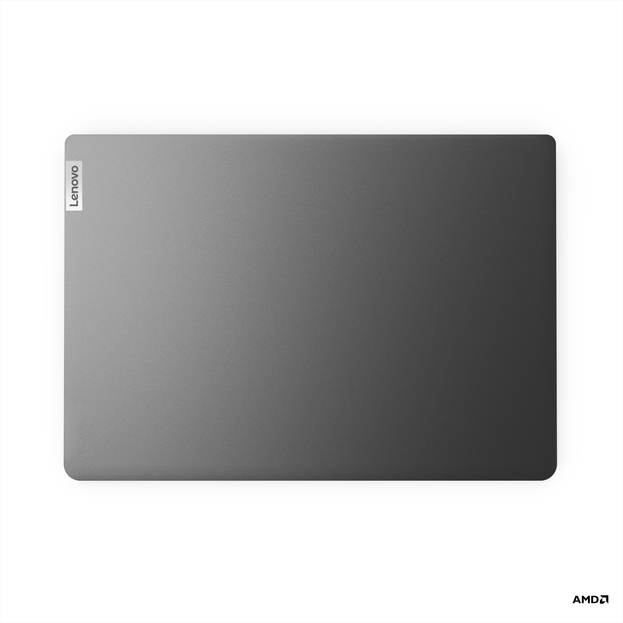 Gradyan gri renkli bir Lenovo dizüstü bilgisayar kapağı. Lenovo logosu sol üst köşede.