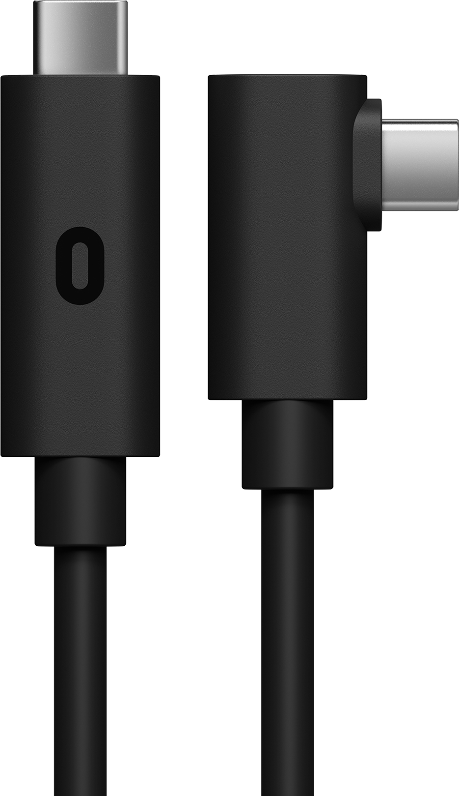 Schwarzes Kabel mit USB-C-Anschlüssen an beiden Enden. Das Wort 'O' ist auf einem Ende aufgedruckt.