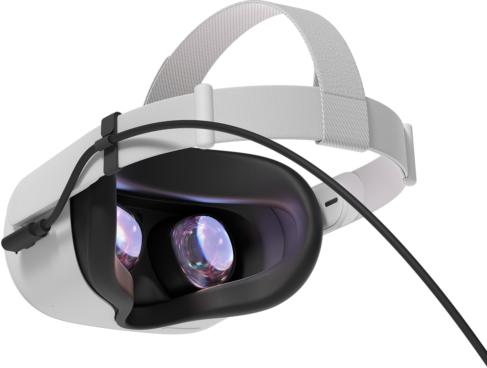 Ein weißes VR-Headset, bei dem die Linsen sichtbar sind.