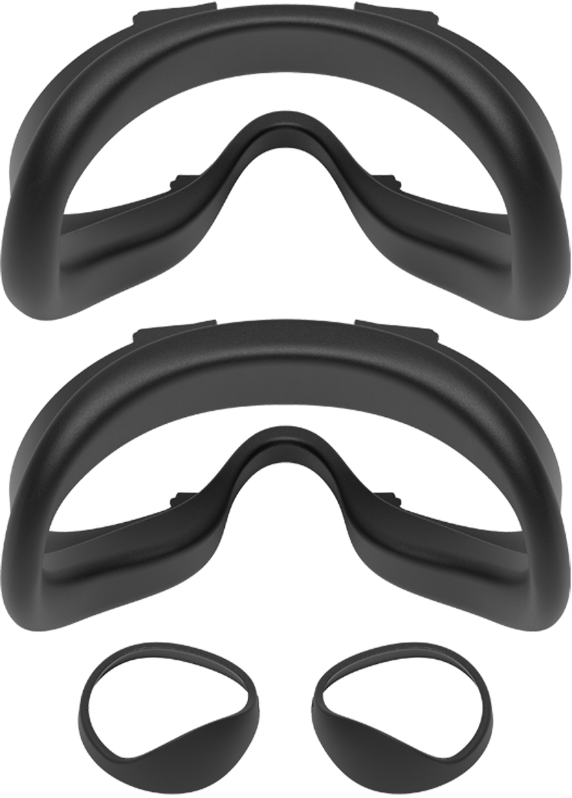 Zwei schwarze VR-Headset-Gesichtsabdeckungen und zwei Paare Linsenschützer.
