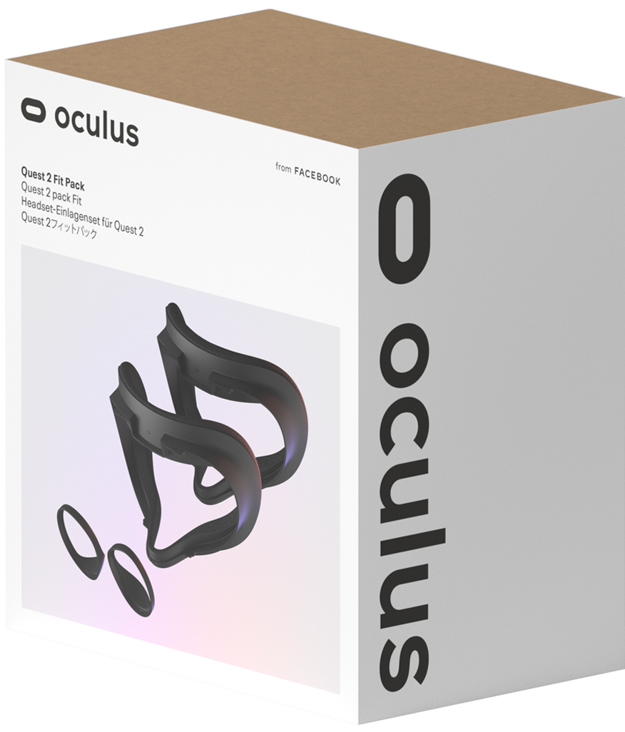 Oculus Quest 2 Fit Pack Box. Schwarzes Headset und Zubehör sind sichtbar. Weißer Hintergrund.