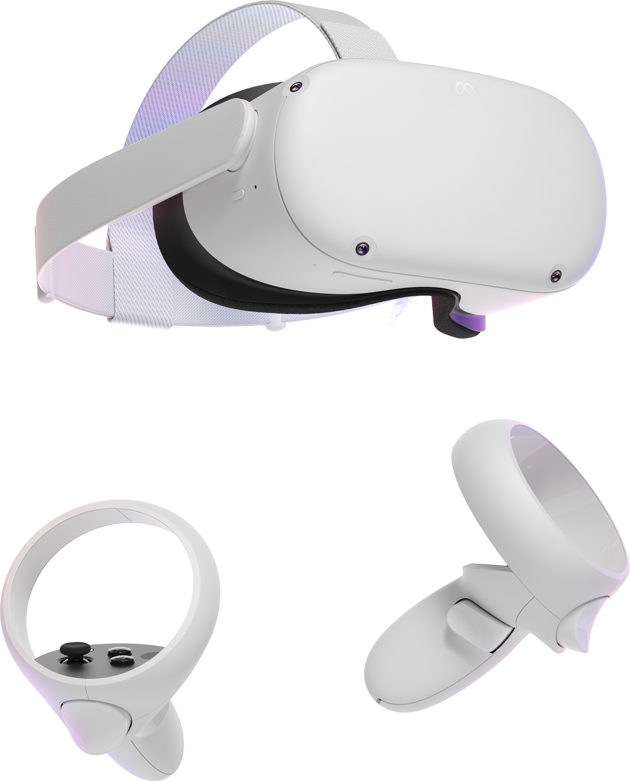 Weißes VR-Headset und Controller. Das Headset hat ein weißes Band und ein Logo. Schwarzer Hintergrund.