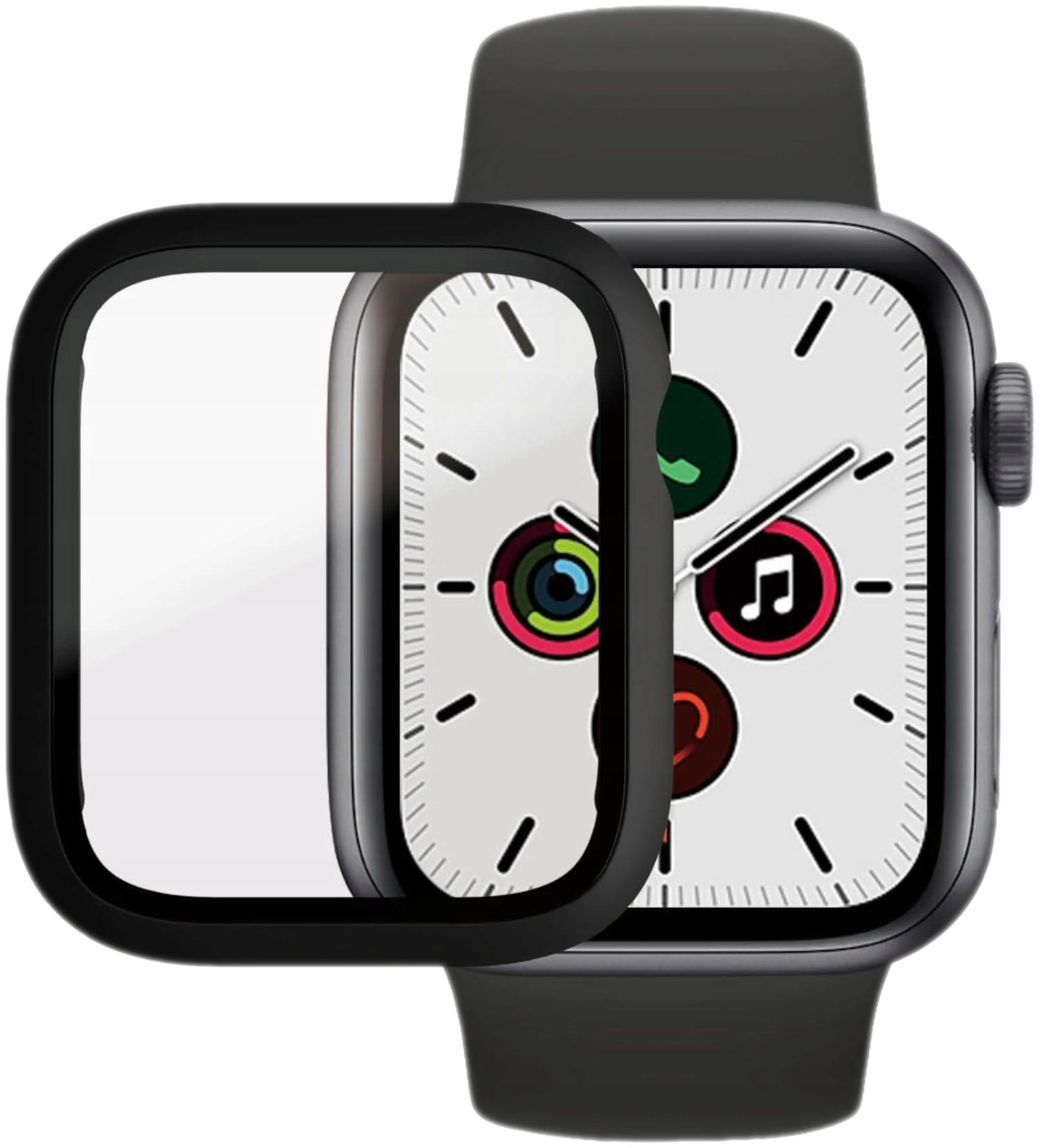 Een Apple Watch met een heldere schermbeschermer. De wijzerplaat is wit met zwarte markeringen.