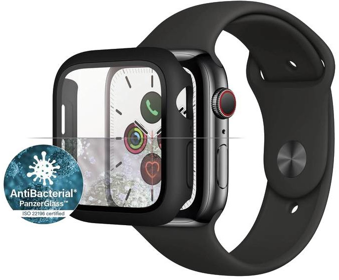 Apple Watch met zwarte band en schermbeschermer. Horloge toont tijd en hart-icoon.
