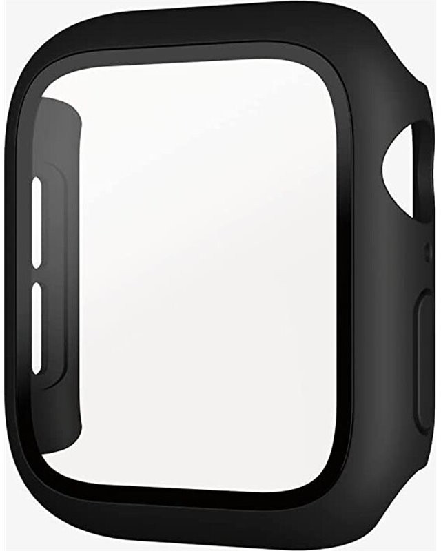 Zwarte Apple Watch-hoes met een doorzichtige voorkant, beschermt het scherm.