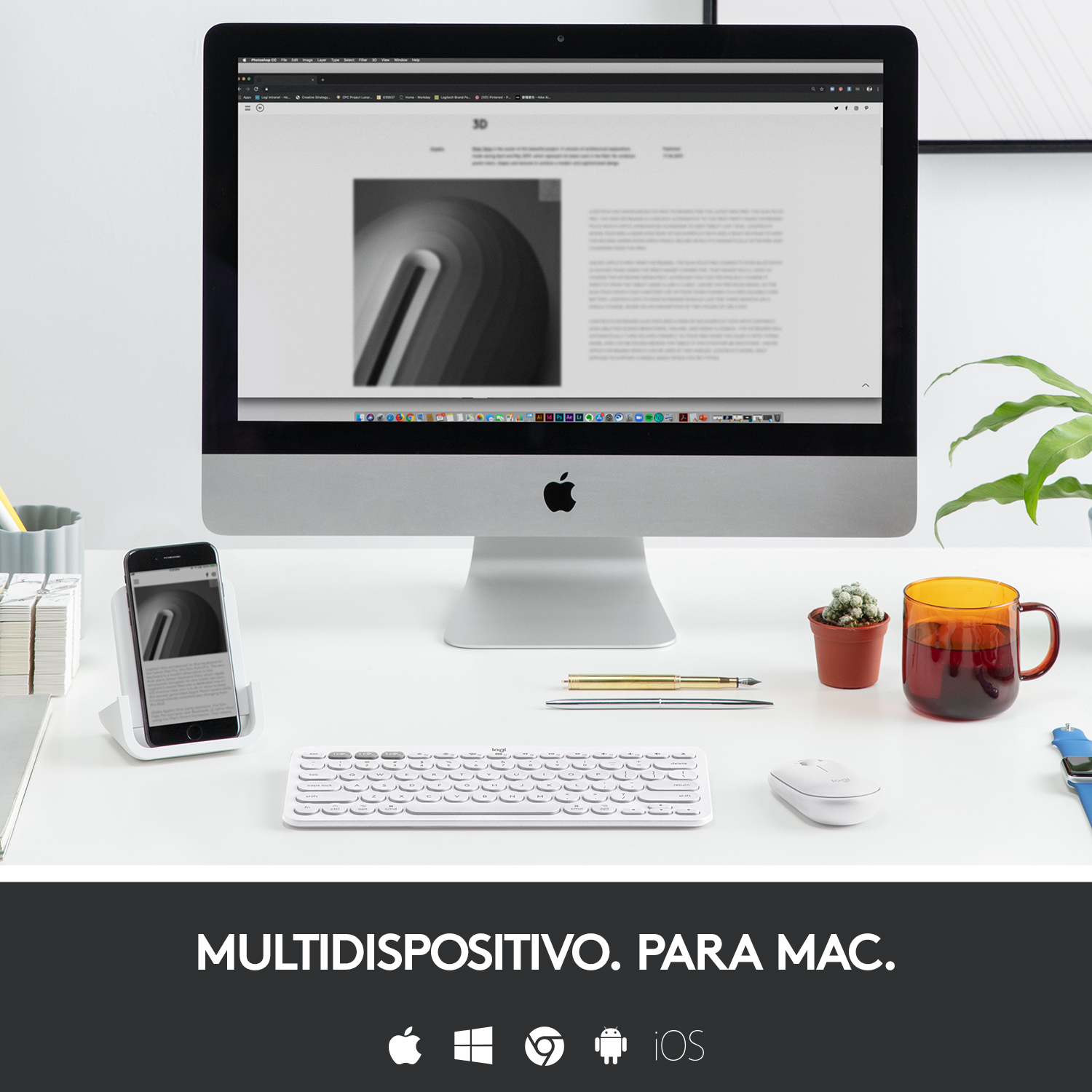 Escritorio con monitor, teléfono, teclado, ratón y taza, con texto: MULTIDISPOSITIVO. PARA MAC.