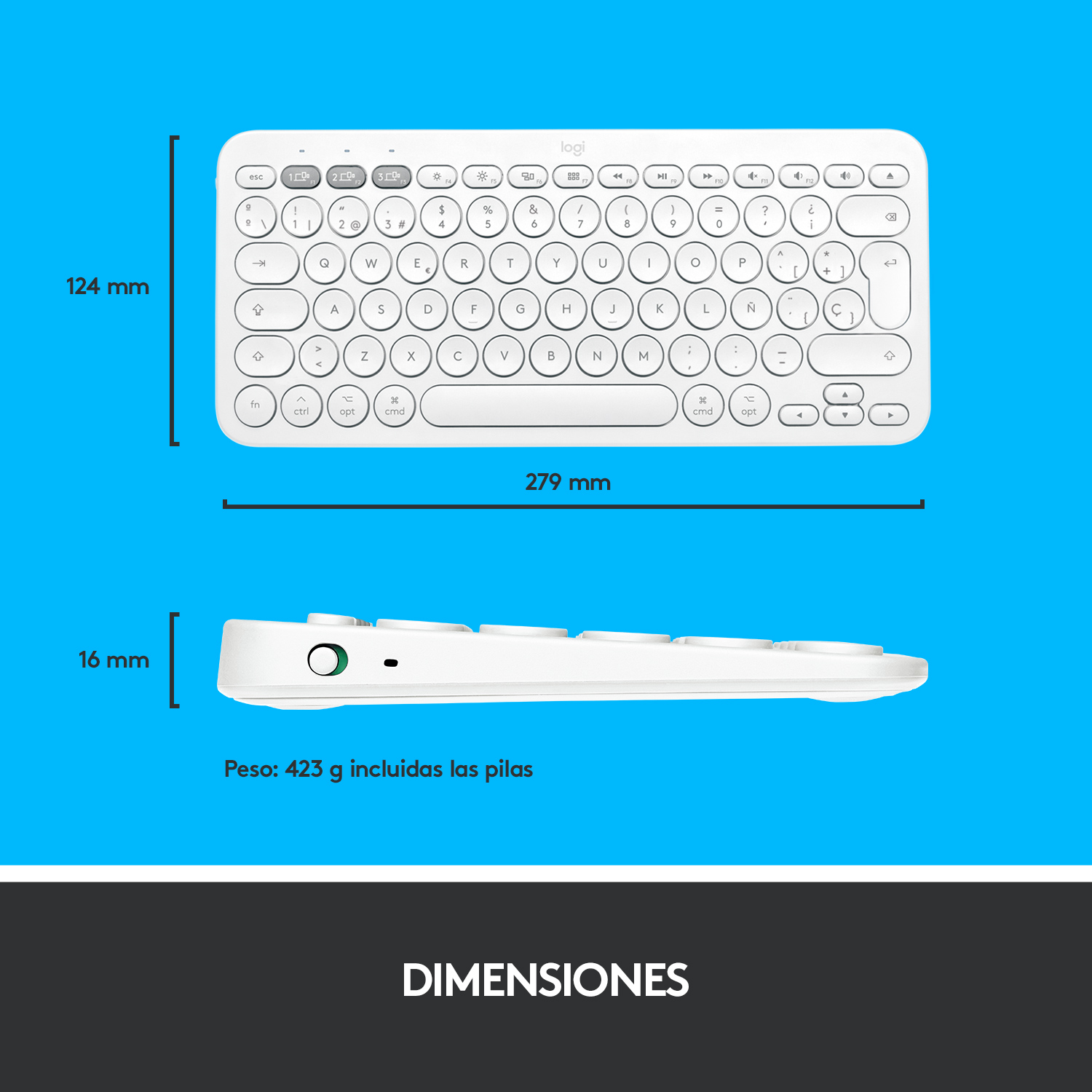 Teclado con dimensiones: 279 mm de ancho, 124 mm de alto, 16 mm de grosor.