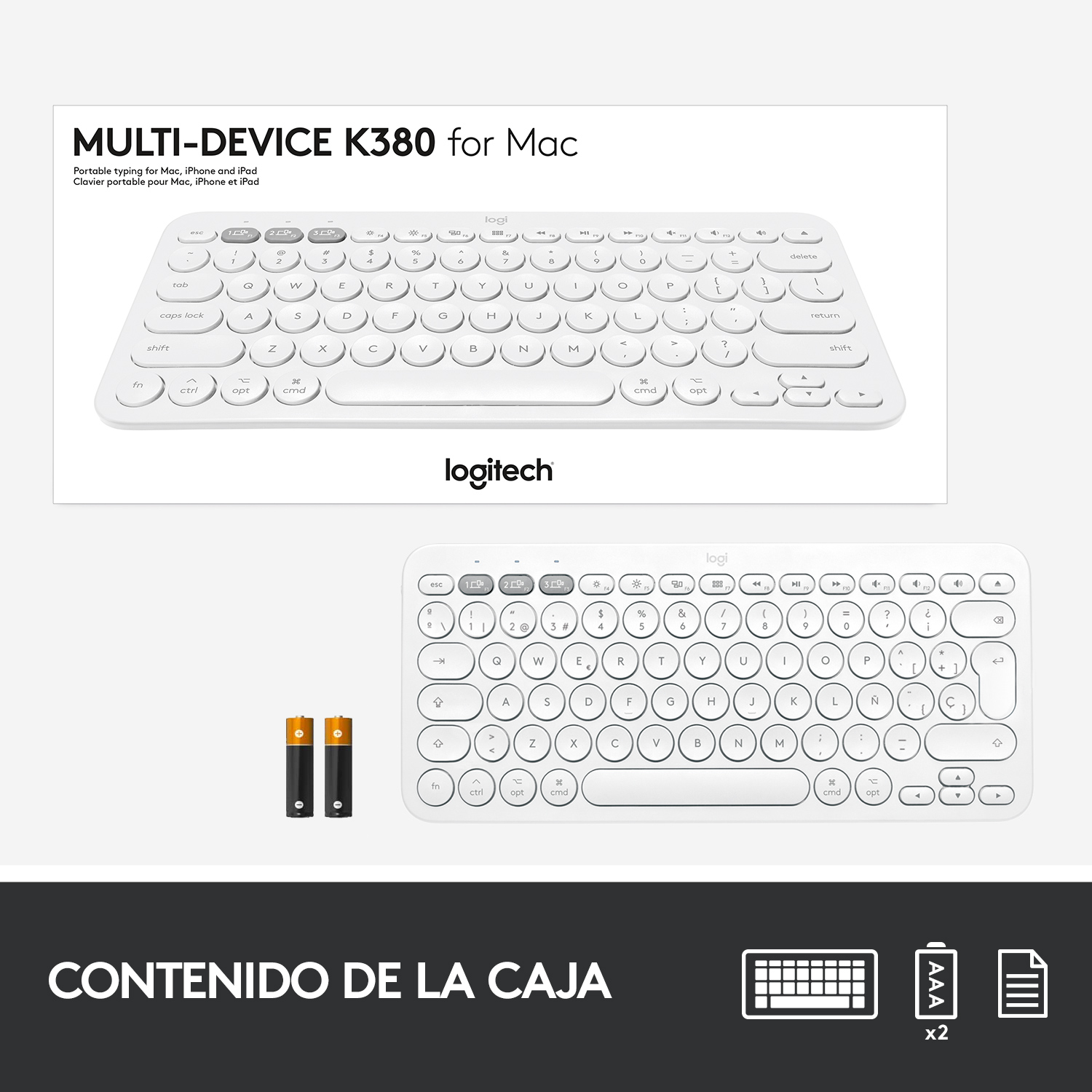 Teclado blanco con pilas y caja sobre fondo blanco.