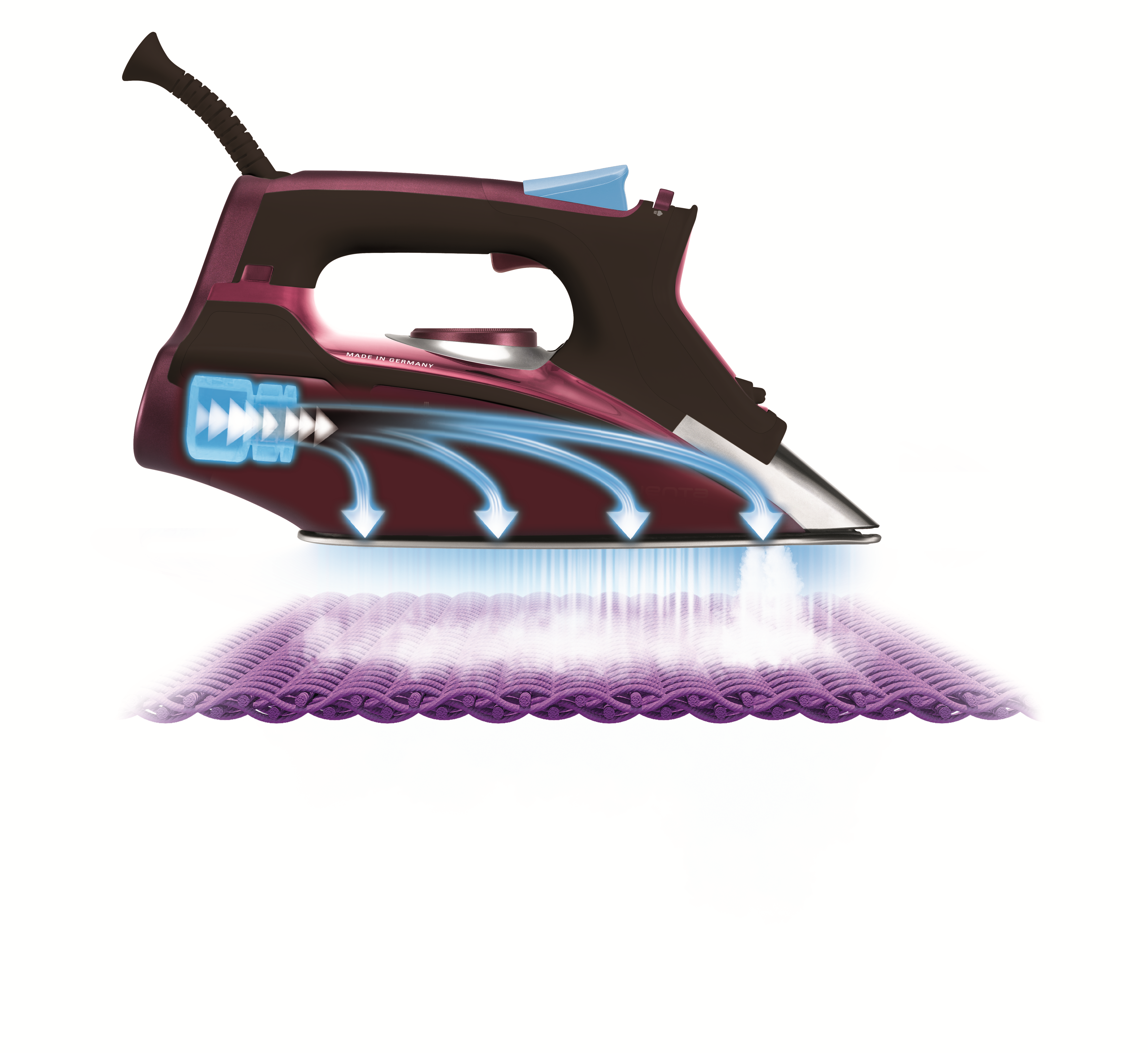 Una plancha con líneas de vapor sobre tela, mostrando la función de vapor.