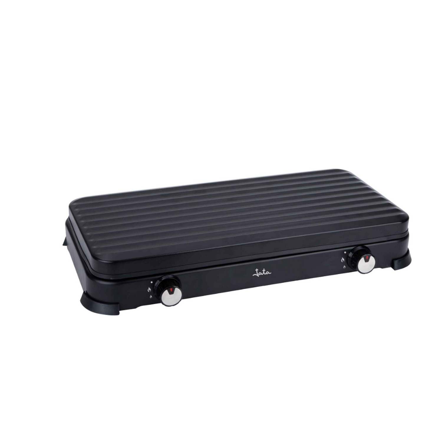 Plancha negra con dos perillas, superficie acanalada y logo 'eta'.