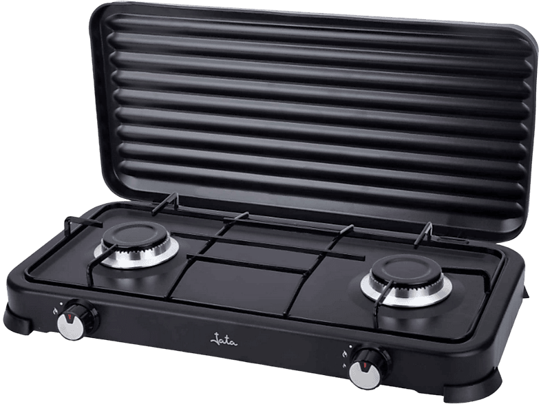 Cocina de gas - Jata JECG2702, 2 zonas, Para gases licuados propano y butano, Portátil, Tapa, 59.5 cm, Negro