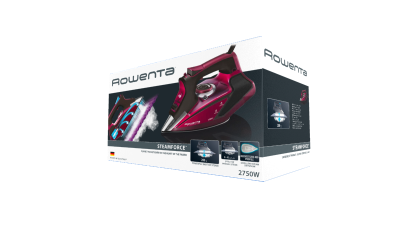 La caja de la plancha Rowenta Steamforce con una plancha roja y negra.