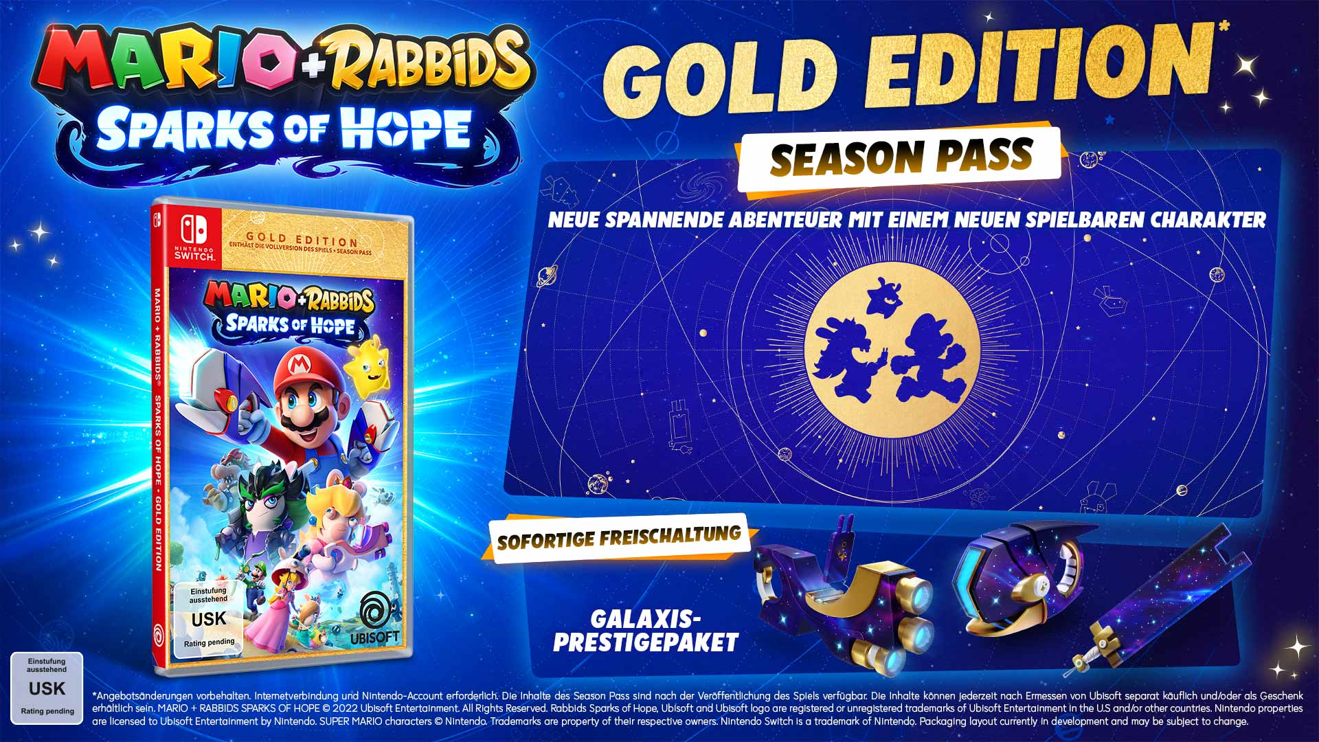 Mario + Rabbids Sparks of Hope Gold Edition-Spielbox mit Details zum Season Pass.