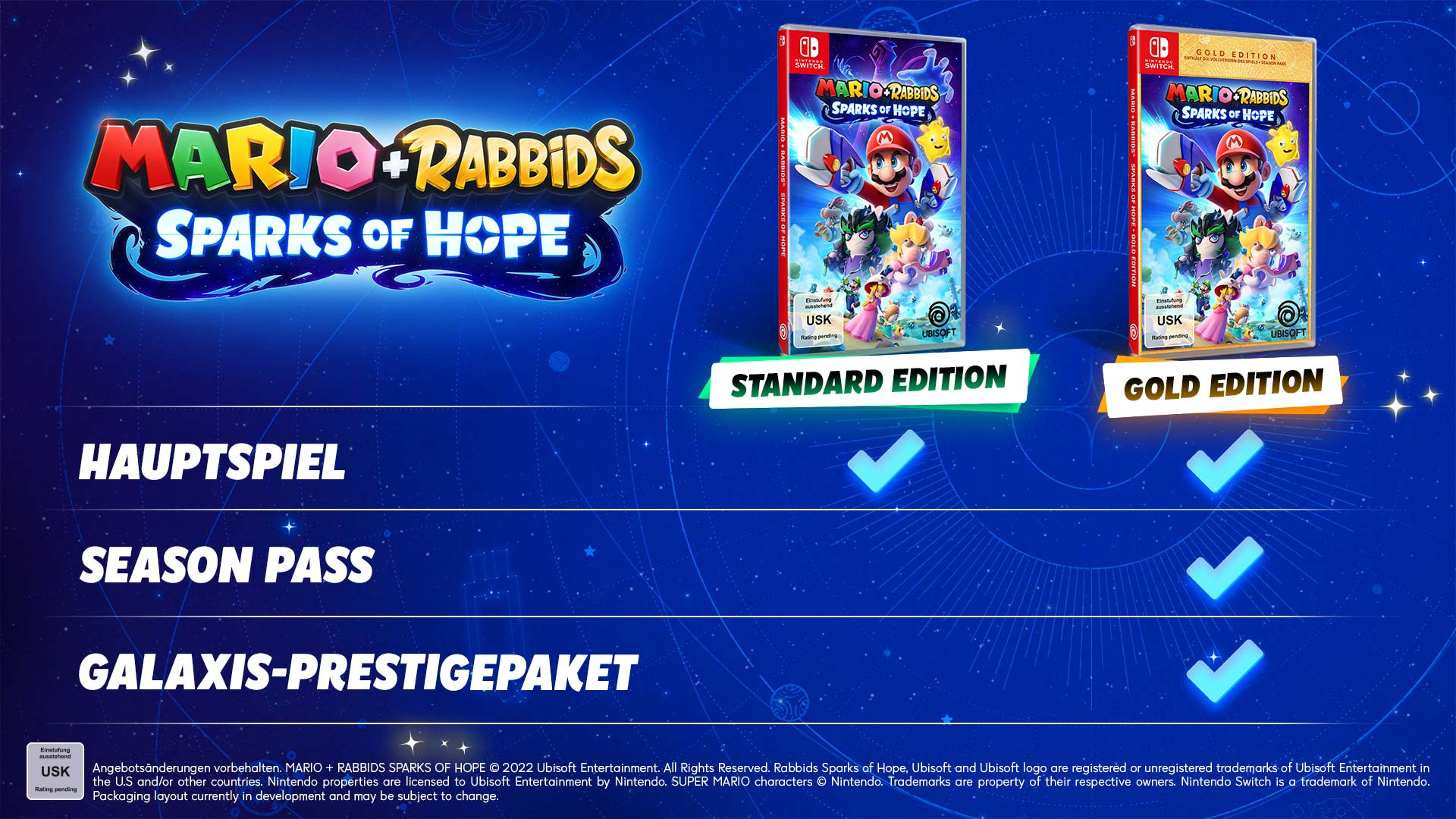 Spielhülle für Mario + Rabbids Sparks of Hope, mit Standard- und Gold-Editionen.
