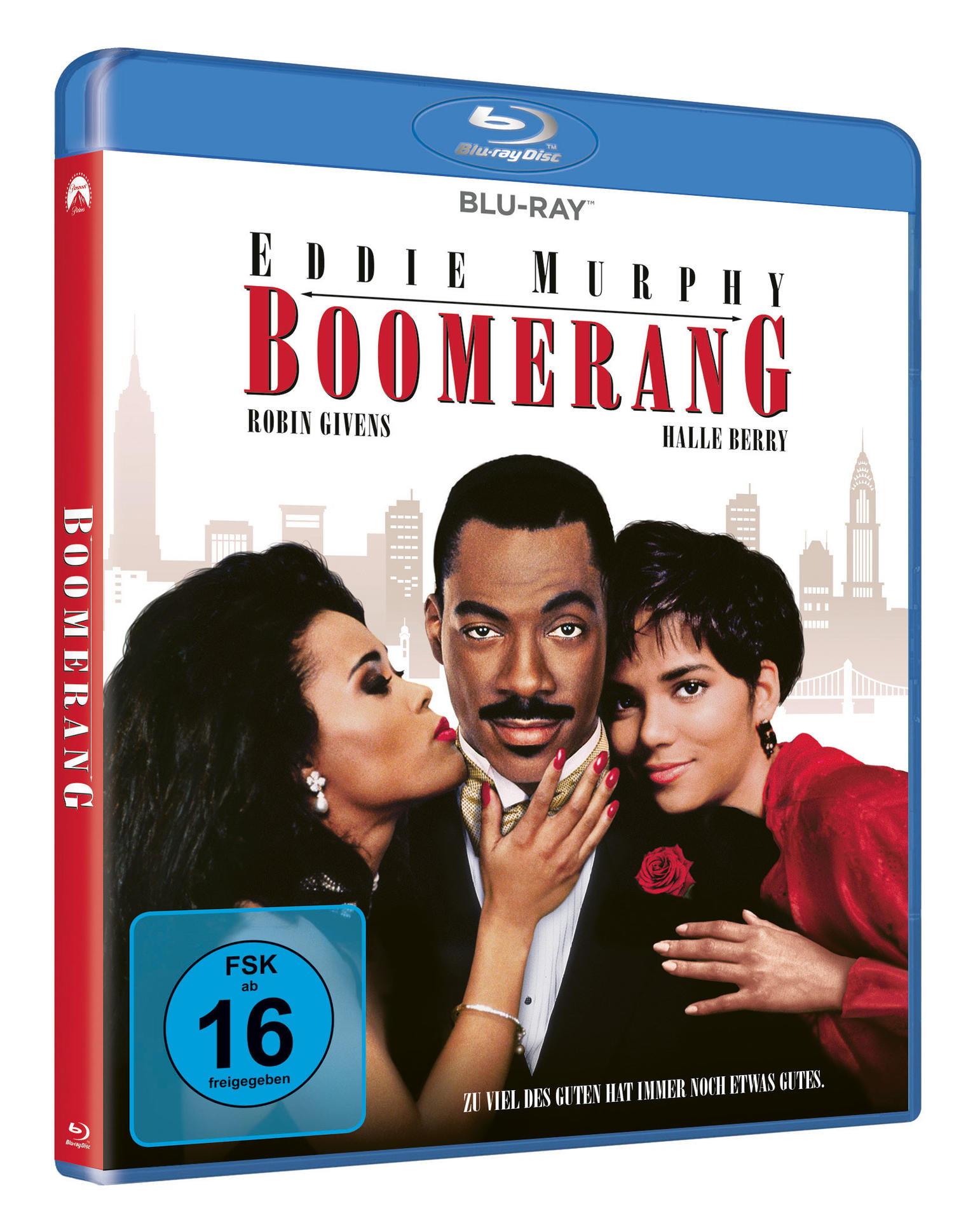 Blu-ray-Filmcover. Eddie Murphy und zwei Frauen auf dem Cover, Text 'Boomerang'.