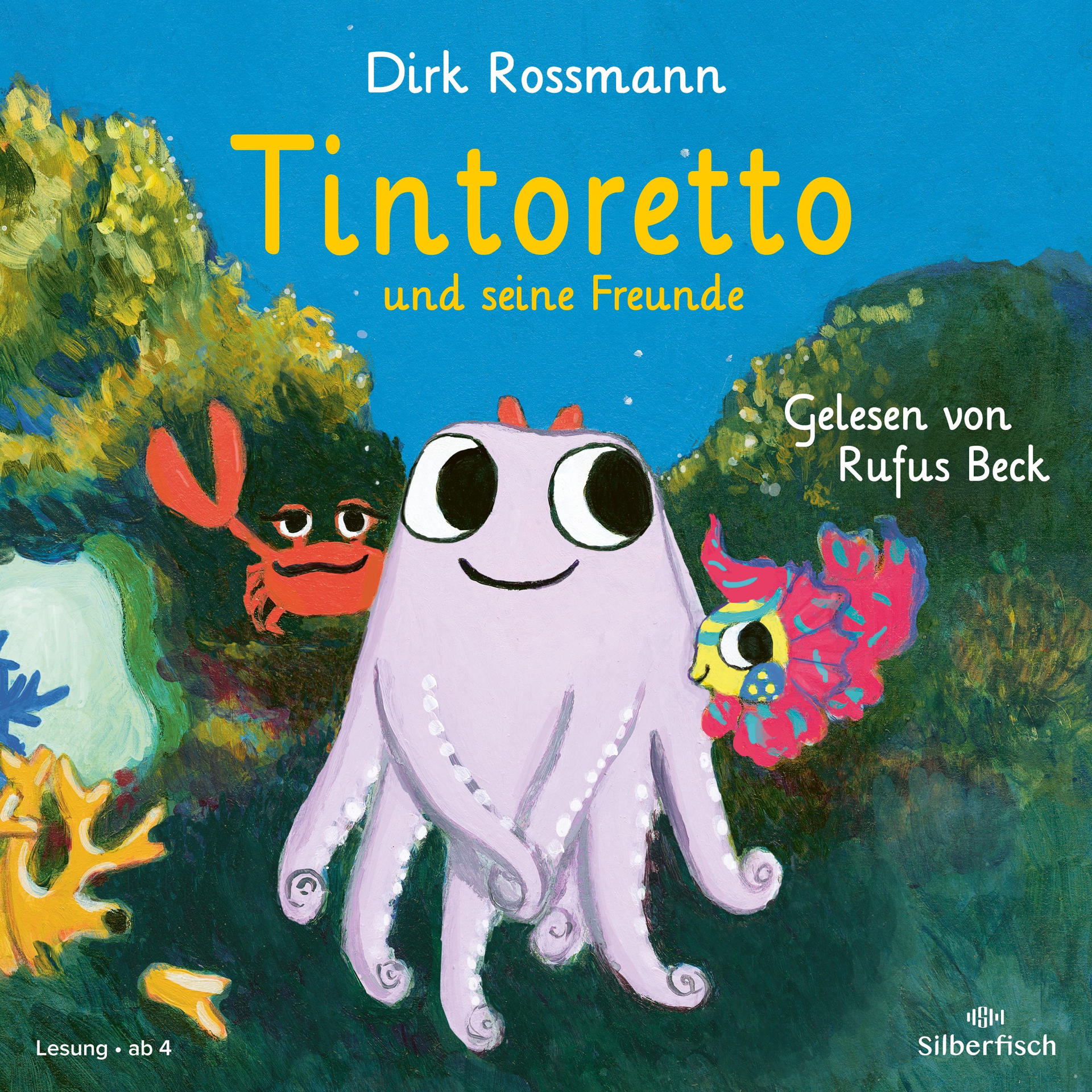 Kinderbuchcover mit einem Oktopus, einer Krabbe und einem Fisch. Helle Farben, blauer Hintergrund und großer Text.
