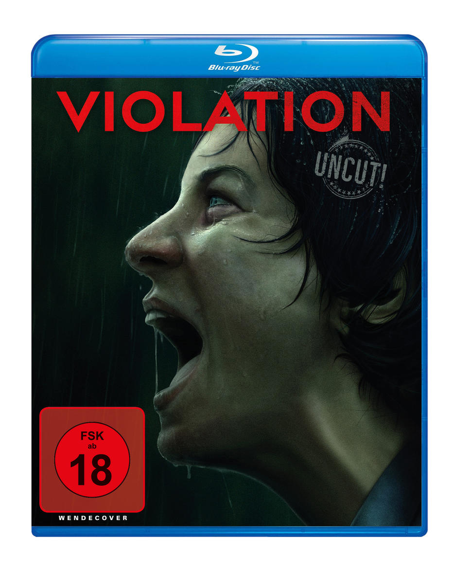Blu-ray-Cover: schreiende Frau, Regen, Wort 'VIOLATION'.