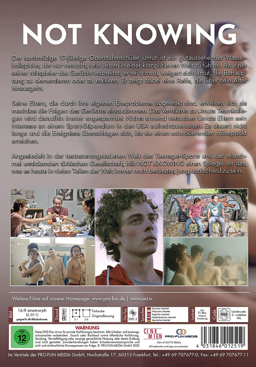 DVD-Cover mit dem Text 'NOT KNOWING' und Bildern von Menschen. Hintergrund mit weiteren Bildern.