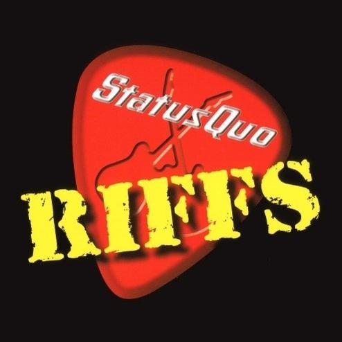 Logo d'un médiator avec les mots 'Status Quo Riffs' dans une palette de couleurs rouge et jaune.